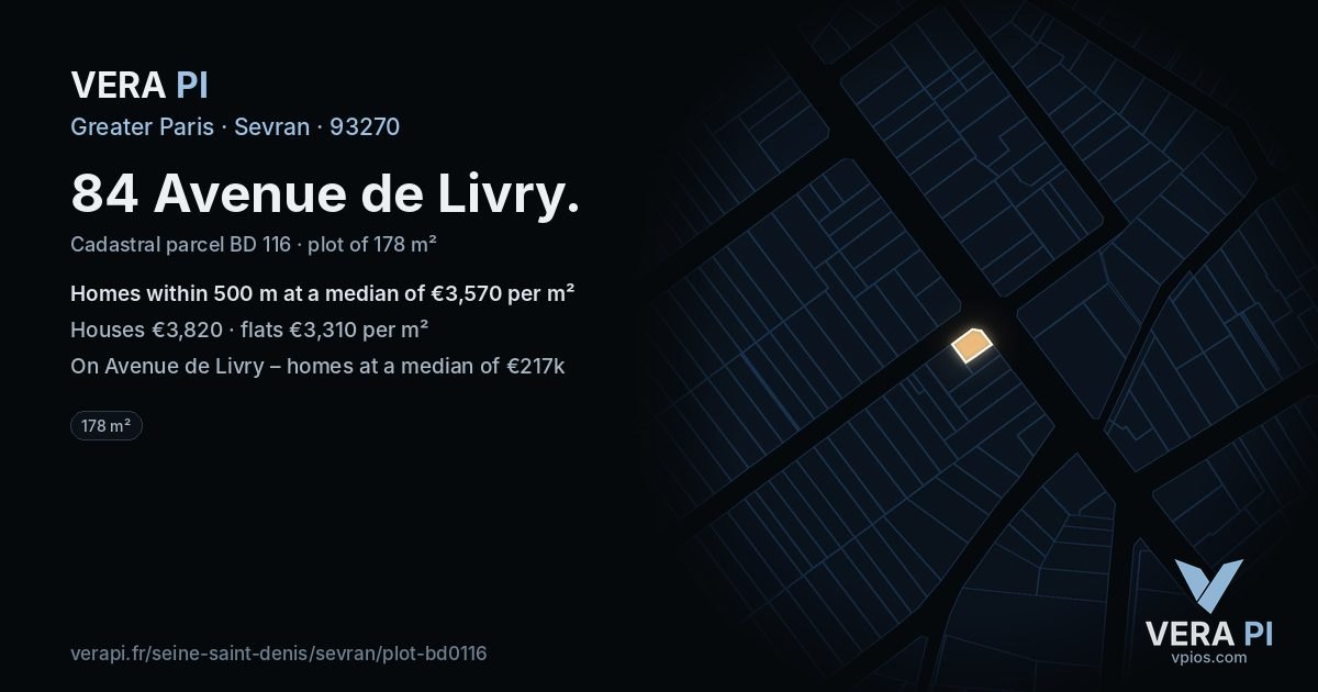 84 Avenue de Livry, Sevran at night – the plot lit, the parcels around coloured by the prices near them