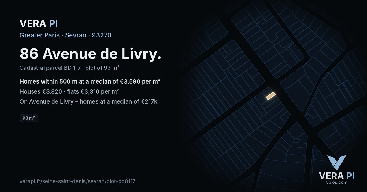 86 Avenue de Livry, Sevran at night – the plot lit, the parcels around coloured by the prices near them