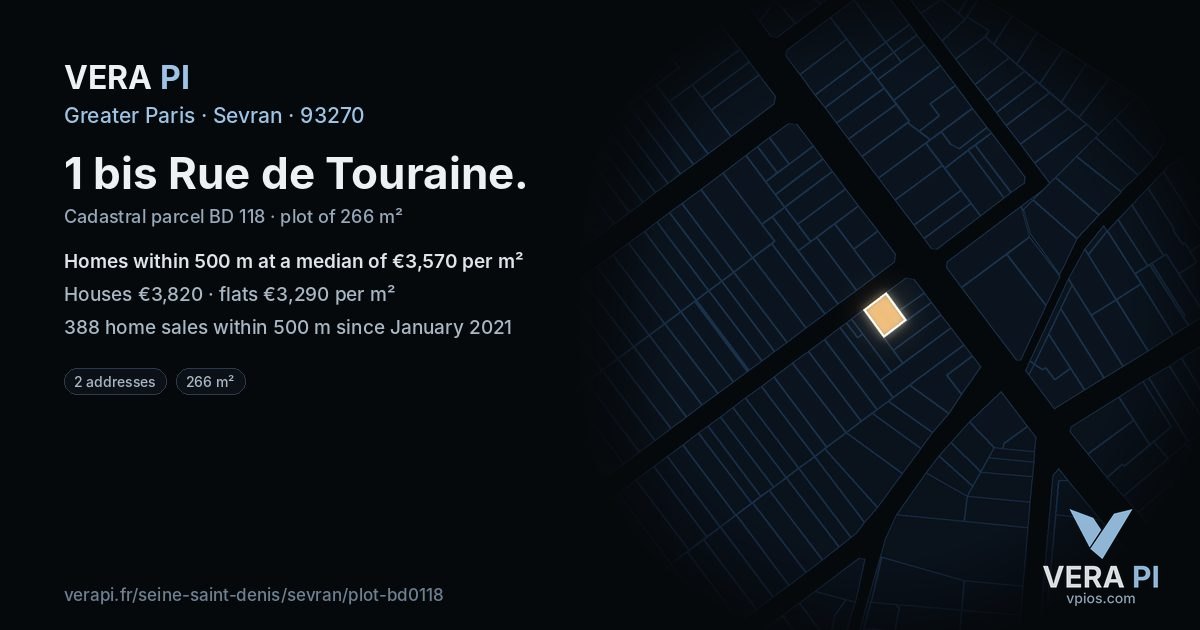 1 bis Rue de Touraine, Sevran at night – the plot lit, the parcels around coloured by the prices near them