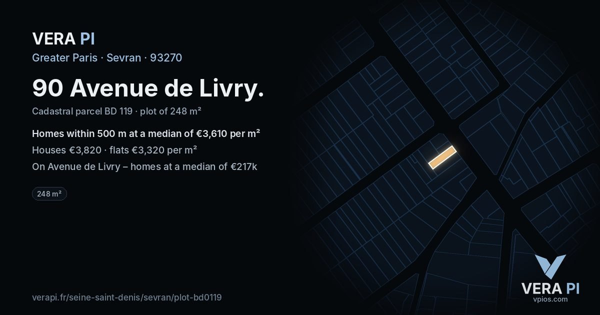 90 Avenue de Livry, Sevran at night – the plot lit, the parcels around coloured by the prices near them