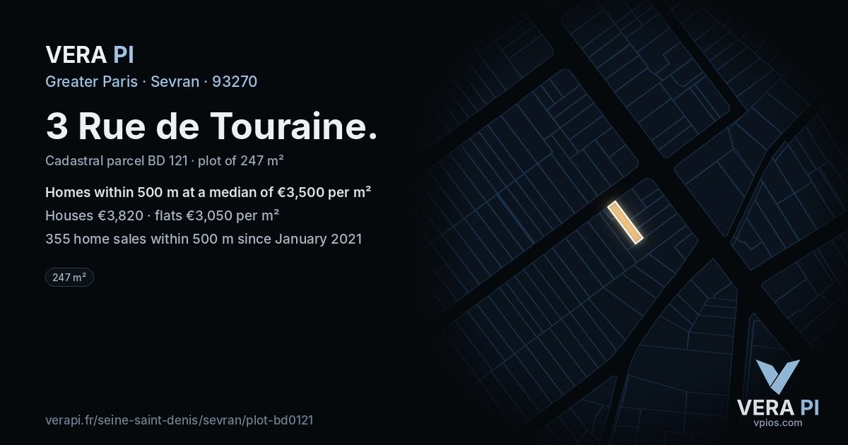 3 Rue de Touraine, Sevran at night – the plot lit, the parcels around coloured by the prices near them