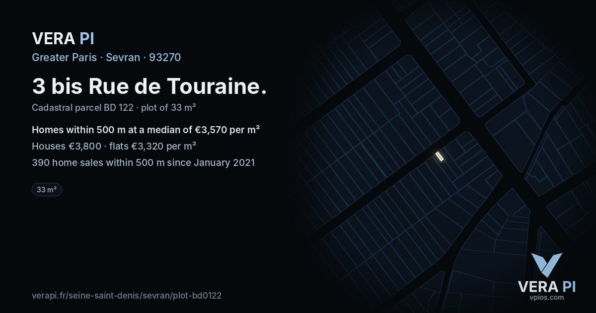 3 bis Rue de Touraine, Sevran at night – the plot lit, the parcels around coloured by the prices near them