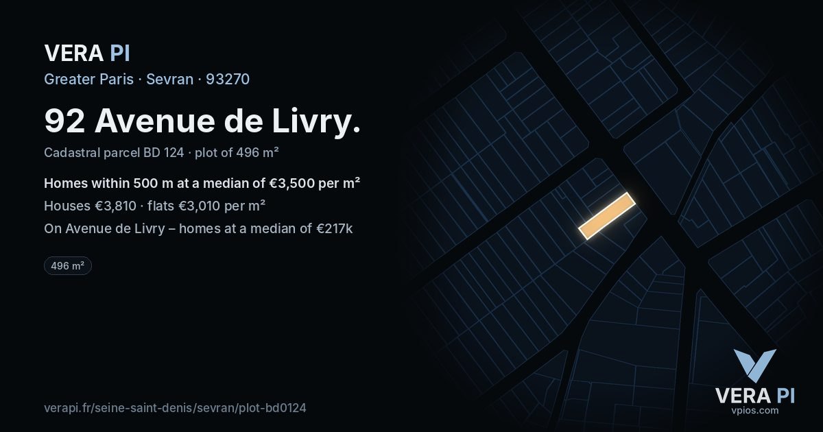 92 Avenue de Livry, Sevran at night – the plot lit, the parcels around coloured by the prices near them