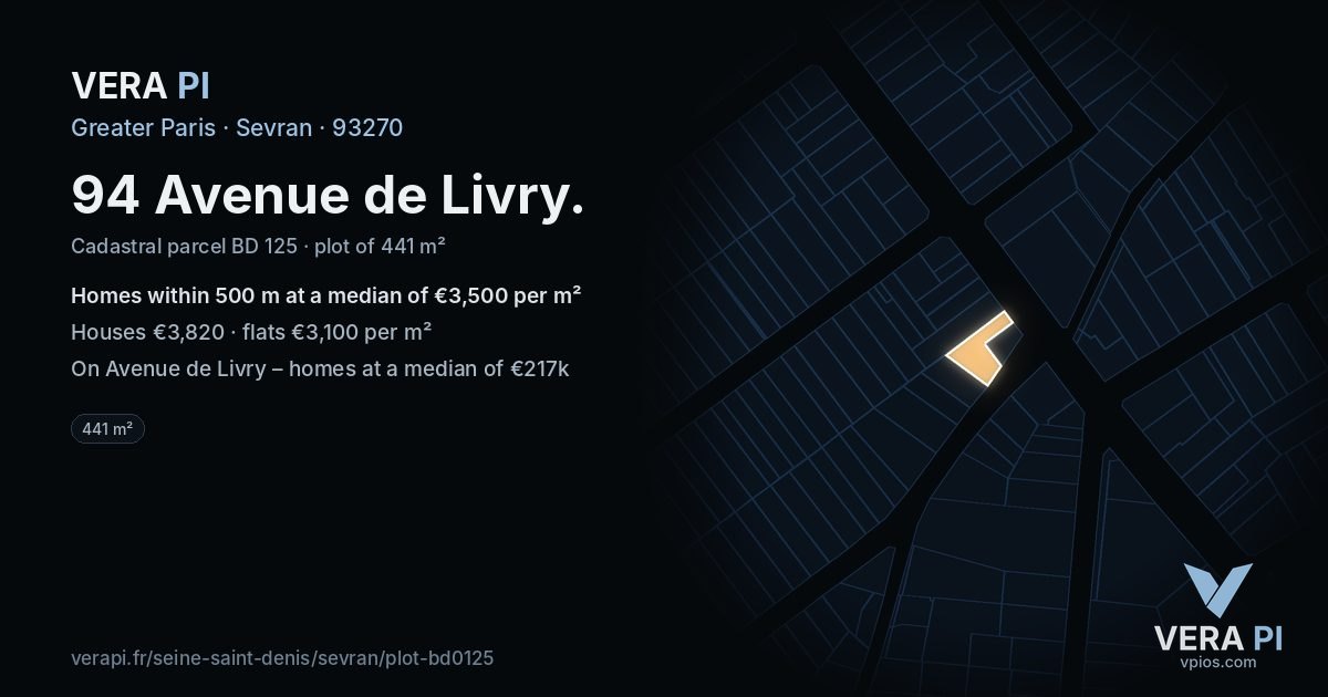 94 Avenue de Livry, Sevran at night – the plot lit, the parcels around coloured by the prices near them