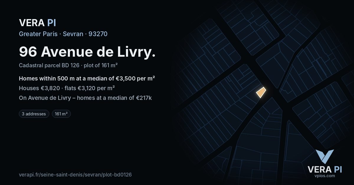 96 Avenue de Livry, Sevran at night – the plot lit, the parcels around coloured by the prices near them