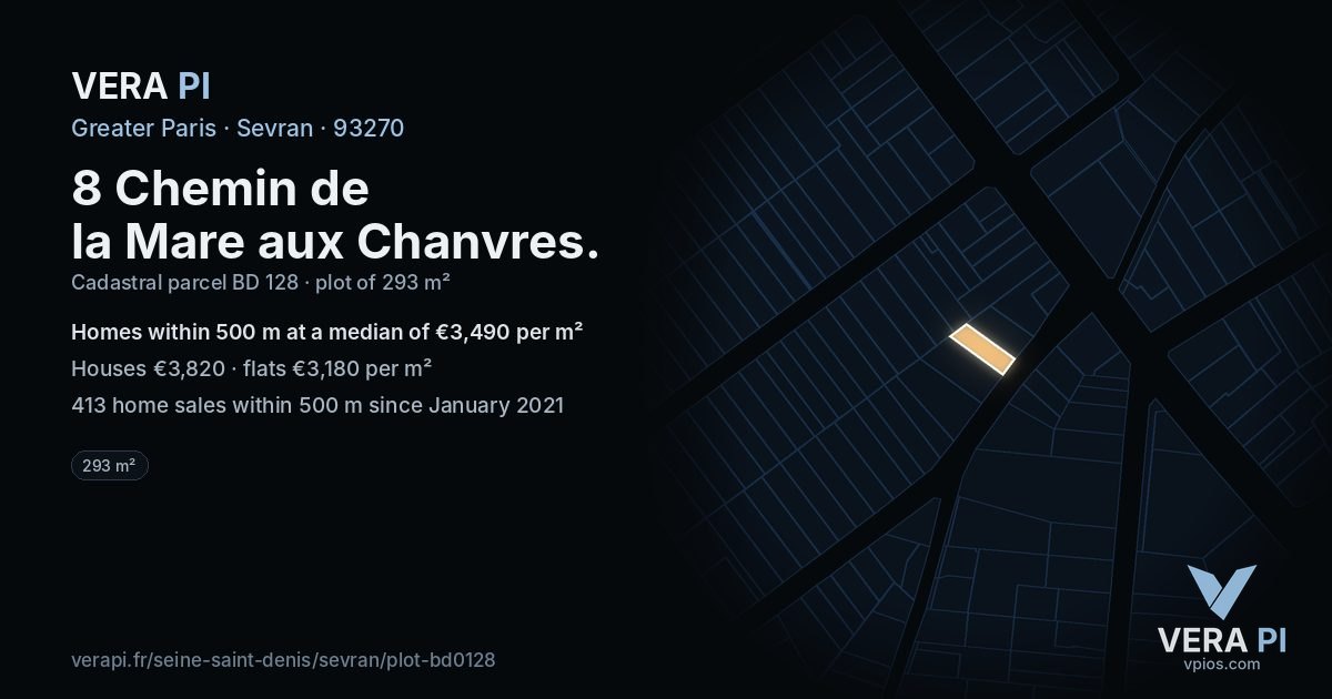 8 Chemin de la Mare aux Chanvres, Sevran at night – the plot lit, the parcels around coloured by the prices near them