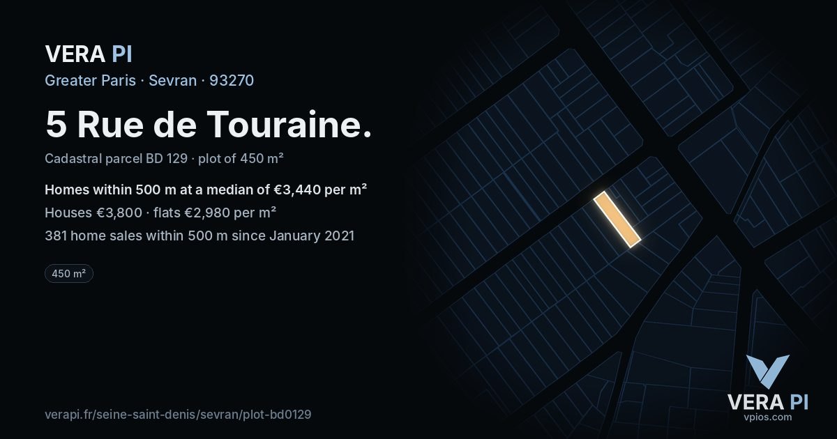 5 Rue de Touraine, Sevran at night – the plot lit, the parcels around coloured by the prices near them