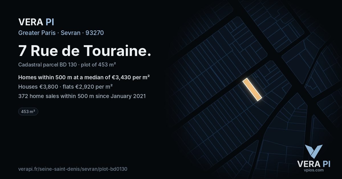 7 Rue de Touraine, Sevran at night – the plot lit, the parcels around coloured by the prices near them