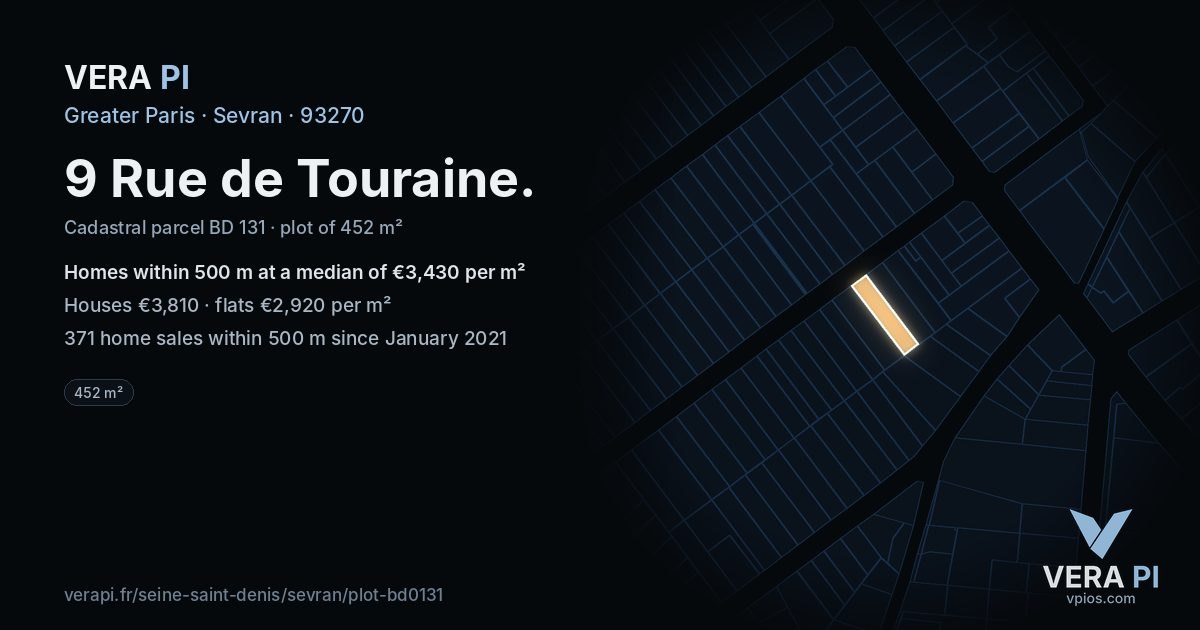9 Rue de Touraine, Sevran at night – the plot lit, the parcels around coloured by the prices near them