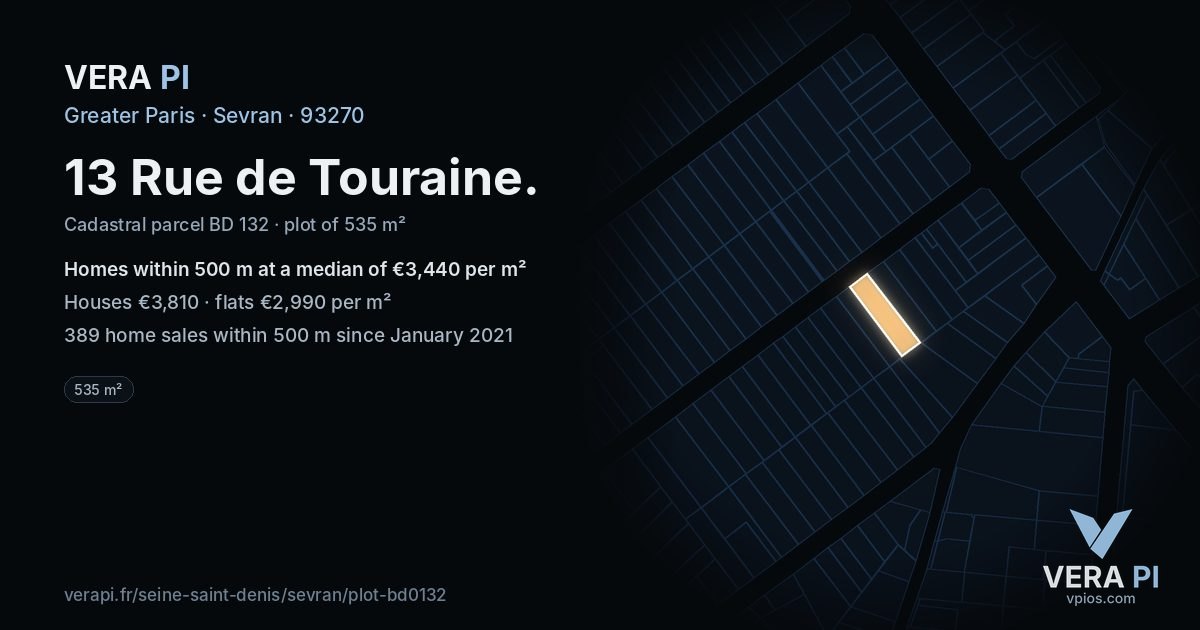 13 Rue de Touraine, Sevran at night – the plot lit, the parcels around coloured by the prices near them