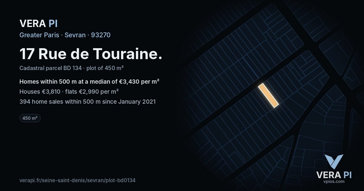17 Rue de Touraine, Sevran at night – the plot lit, the parcels around coloured by the prices near them