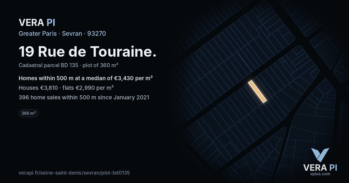 19 Rue de Touraine, Sevran at night – the plot lit, the parcels around coloured by the prices near them