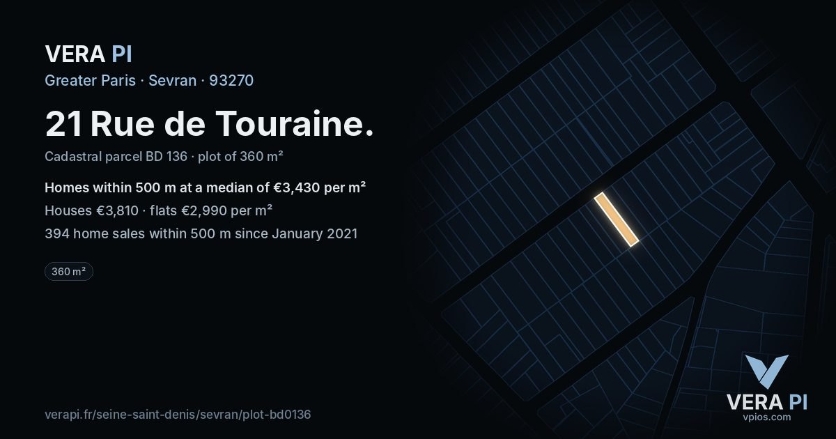 21 Rue de Touraine, Sevran at night – the plot lit, the parcels around coloured by the prices near them