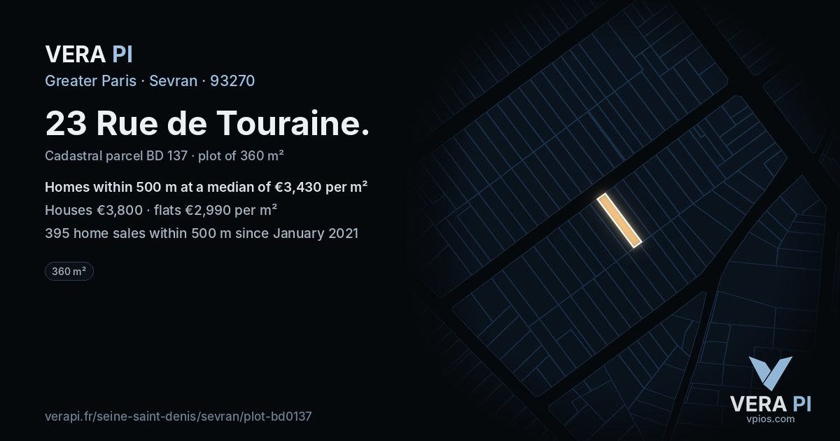 23 Rue de Touraine, Sevran at night – the plot lit, the parcels around coloured by the prices near them