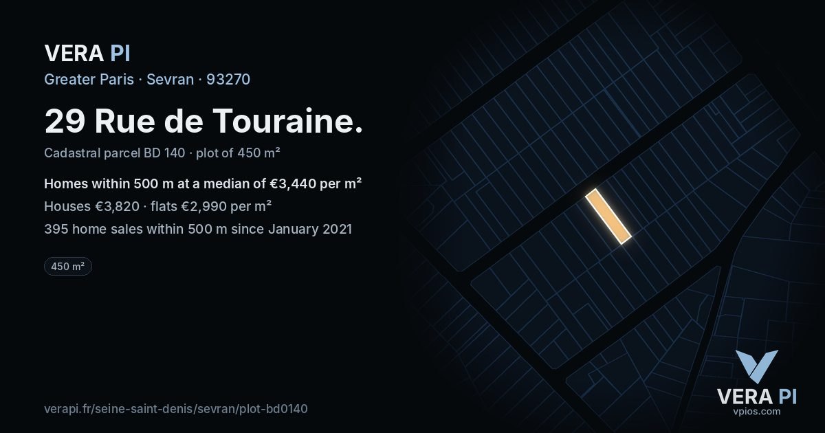 29 Rue de Touraine, Sevran at night – the plot lit, the parcels around coloured by the prices near them