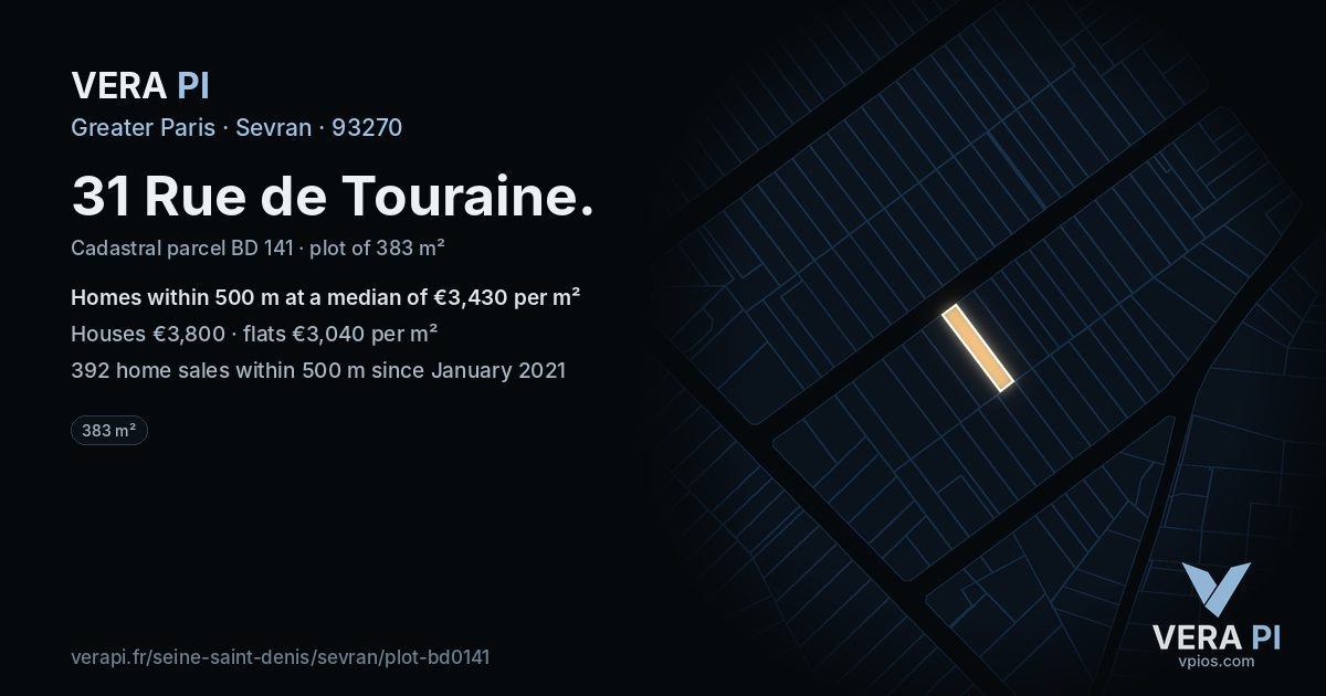 31 Rue de Touraine, Sevran at night – the plot lit, the parcels around coloured by the prices near them