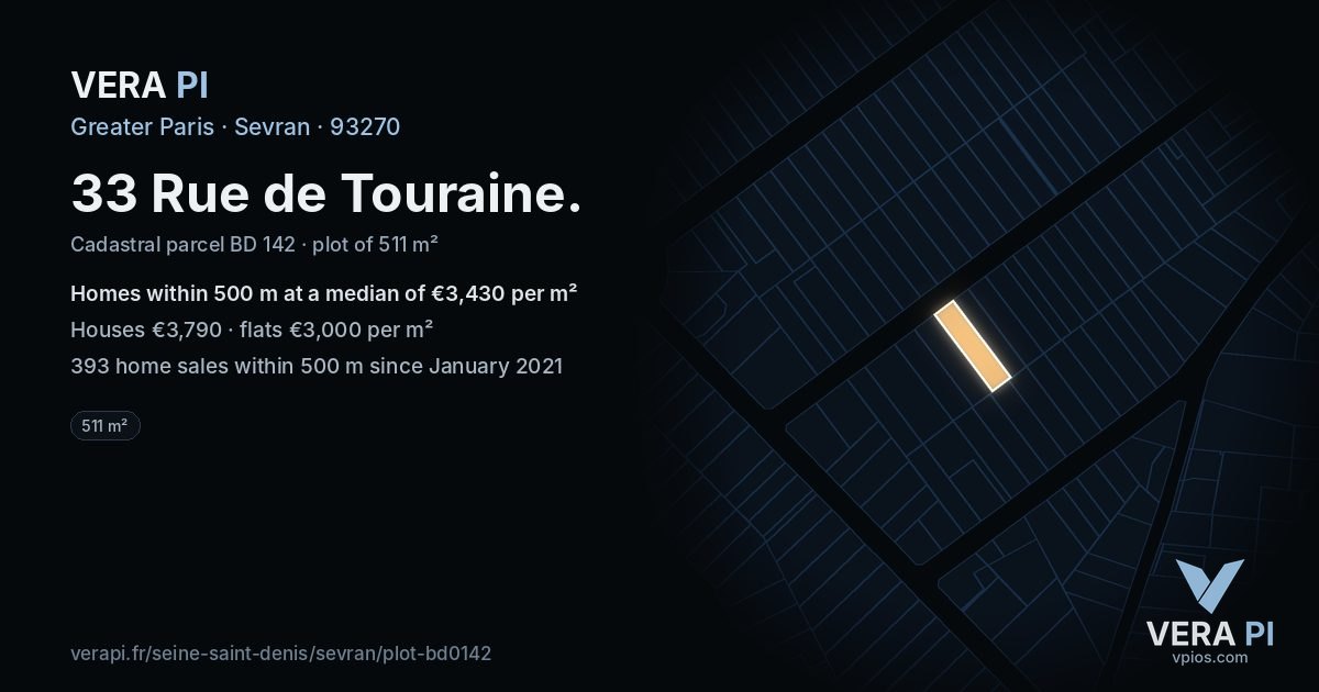 33 Rue de Touraine, Sevran at night – the plot lit, the parcels around coloured by the prices near them