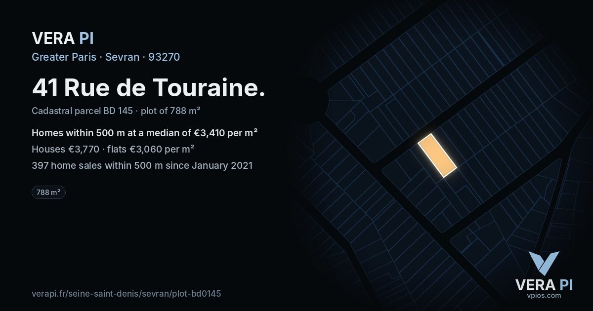 41 Rue de Touraine, Sevran at night – the plot lit, the parcels around coloured by the prices near them