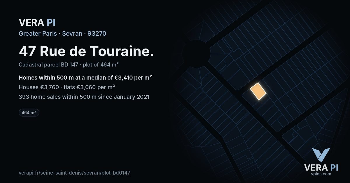 47 Rue de Touraine, Sevran at night – the plot lit, the parcels around coloured by the prices near them