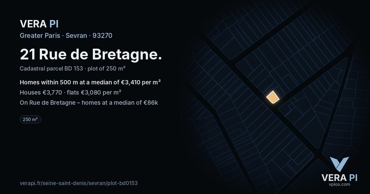 21 Rue de Bretagne, Sevran at night – the plot lit, the parcels around coloured by the prices near them
