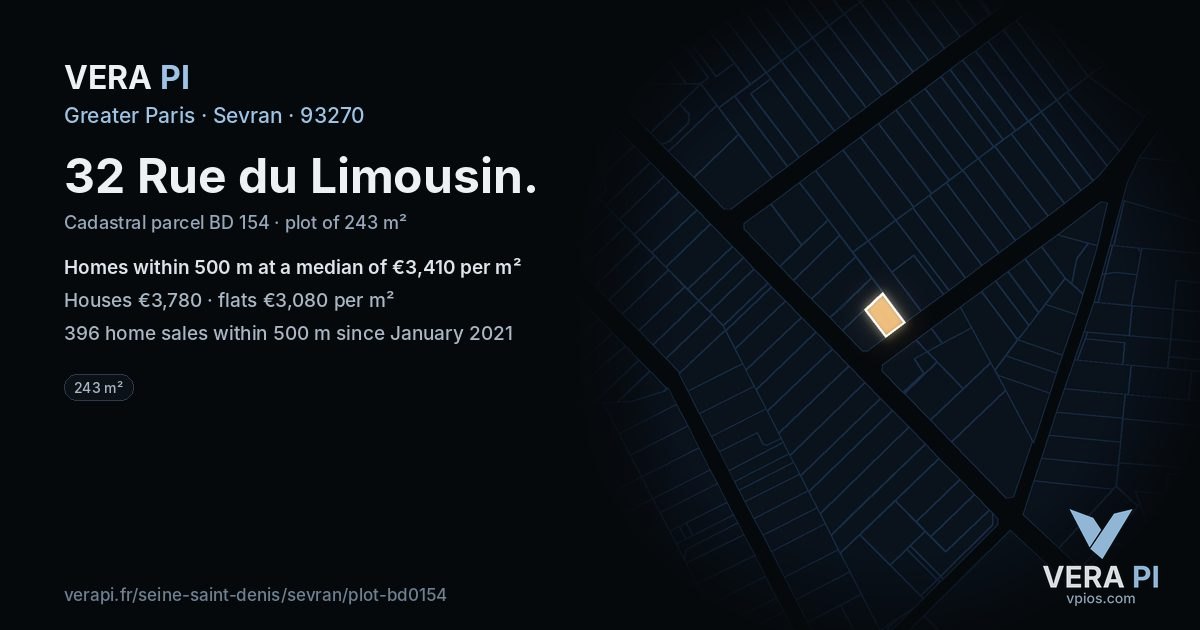32 Rue du Limousin, Sevran at night – the plot lit, the parcels around coloured by the prices near them