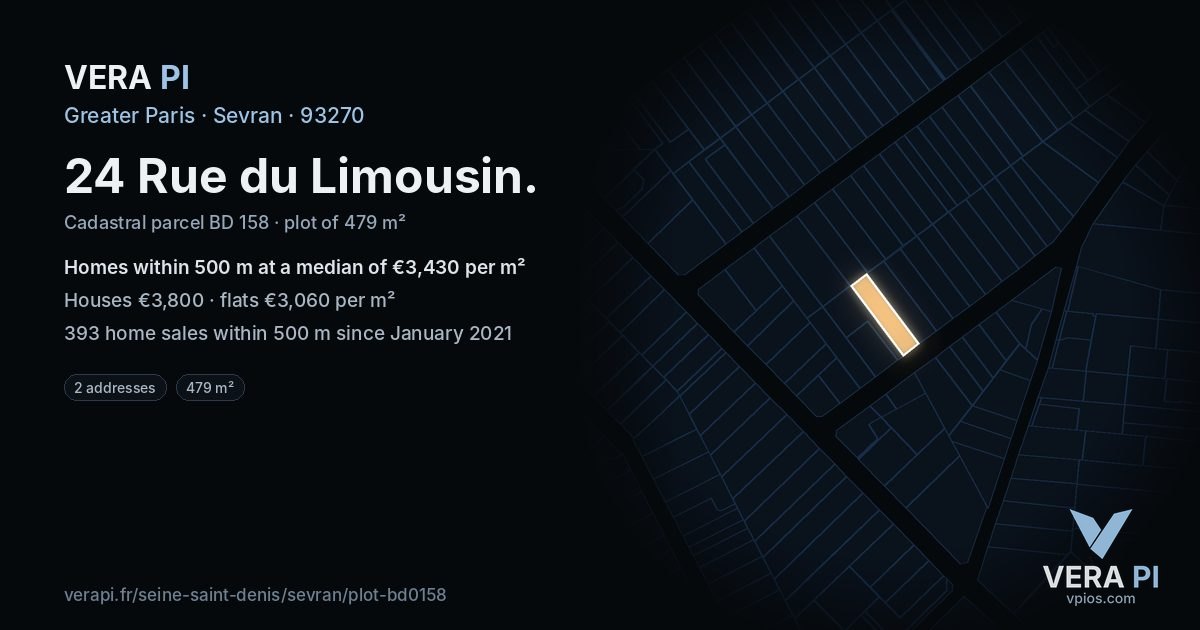 24 Rue du Limousin, Sevran at night – the plot lit, the parcels around coloured by the prices near them