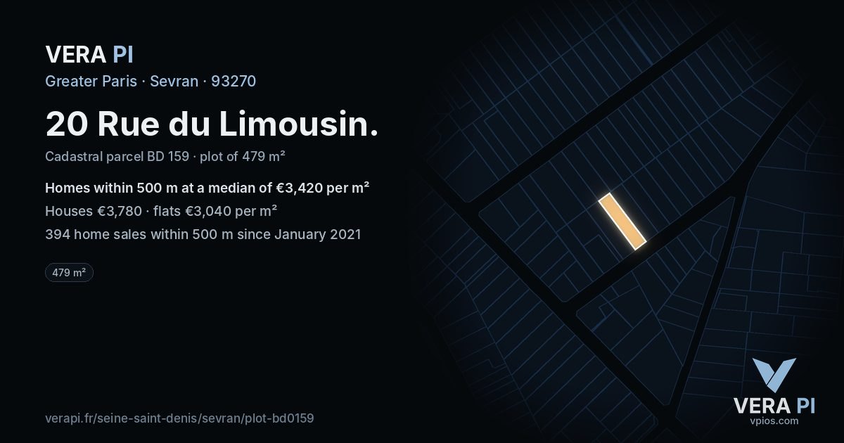 20 Rue du Limousin, Sevran at night – the plot lit, the parcels around coloured by the prices near them