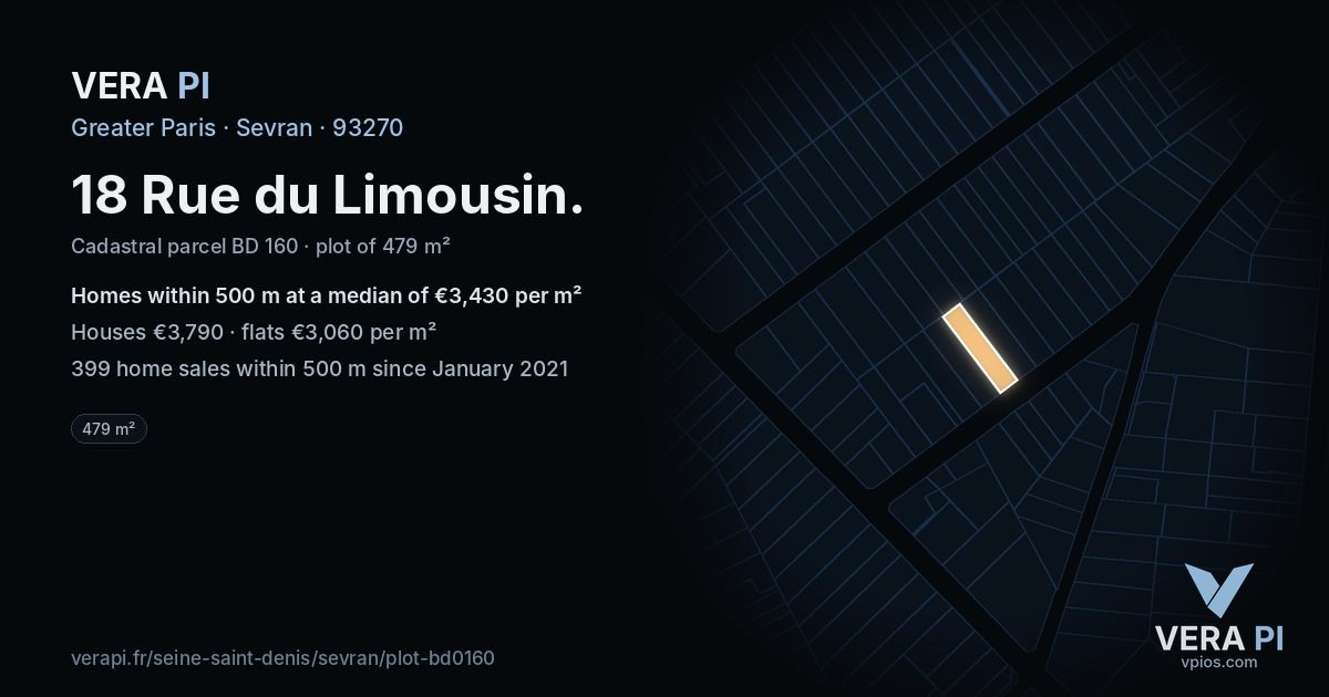 18 Rue du Limousin, Sevran at night – the plot lit, the parcels around coloured by the prices near them