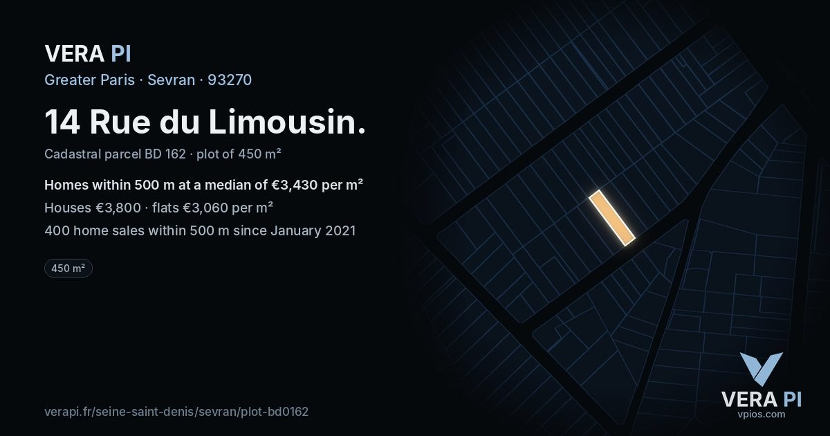 14 Rue du Limousin, Sevran at night – the plot lit, the parcels around coloured by the prices near them