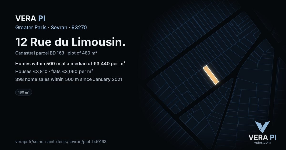 12 Rue du Limousin, Sevran at night – the plot lit, the parcels around coloured by the prices near them