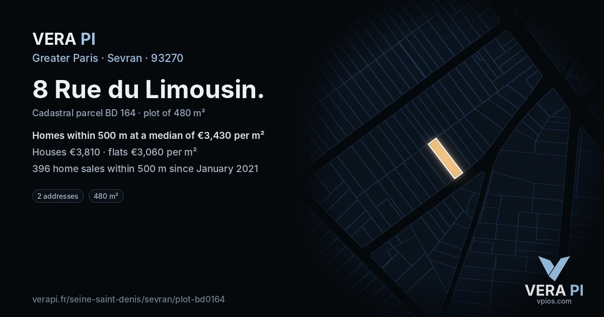 8 Rue du Limousin, Sevran at night – the plot lit, the parcels around coloured by the prices near them