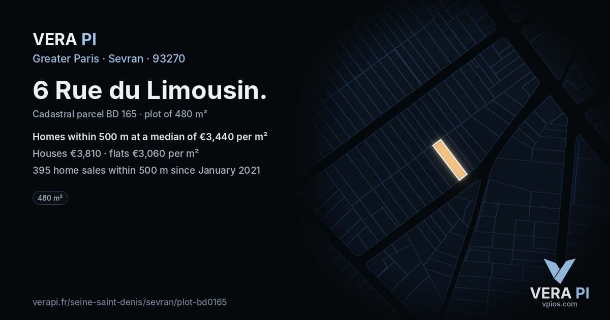6 Rue du Limousin, Sevran at night – the plot lit, the parcels around coloured by the prices near them