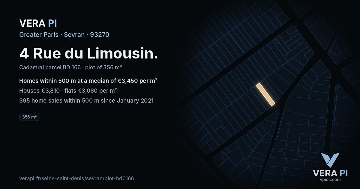 4 Rue du Limousin, Sevran at night – the plot lit, the parcels around coloured by the prices near them