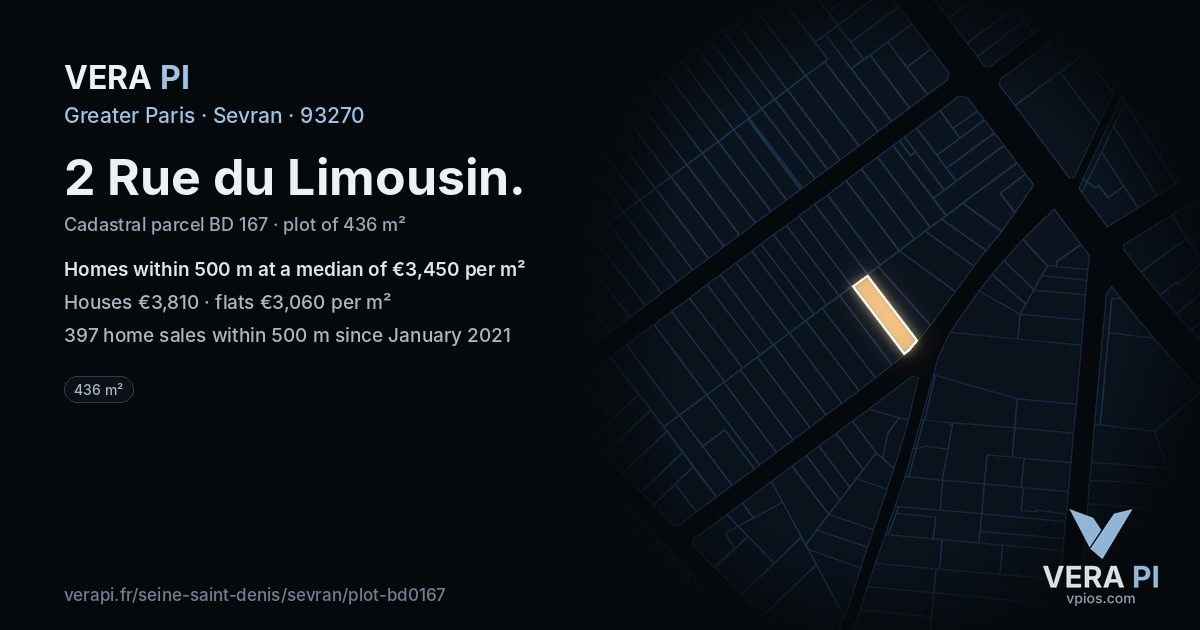 2 Rue du Limousin, Sevran at night – the plot lit, the parcels around coloured by the prices near them