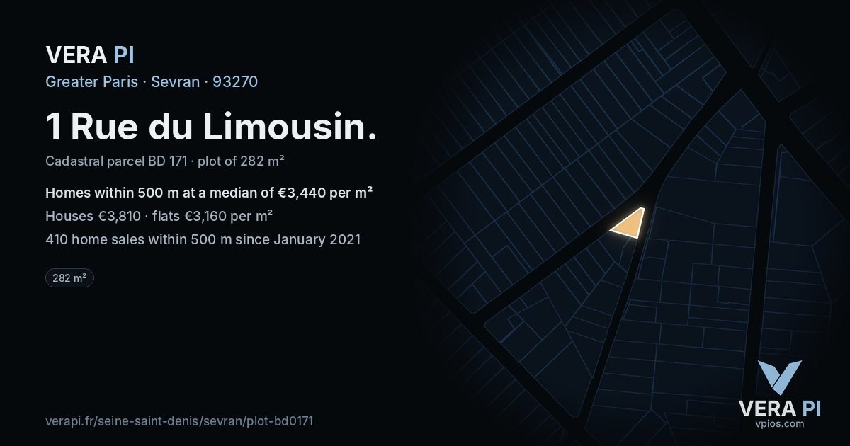 1 Rue du Limousin, Sevran at night – the plot lit, the parcels around coloured by the prices near them