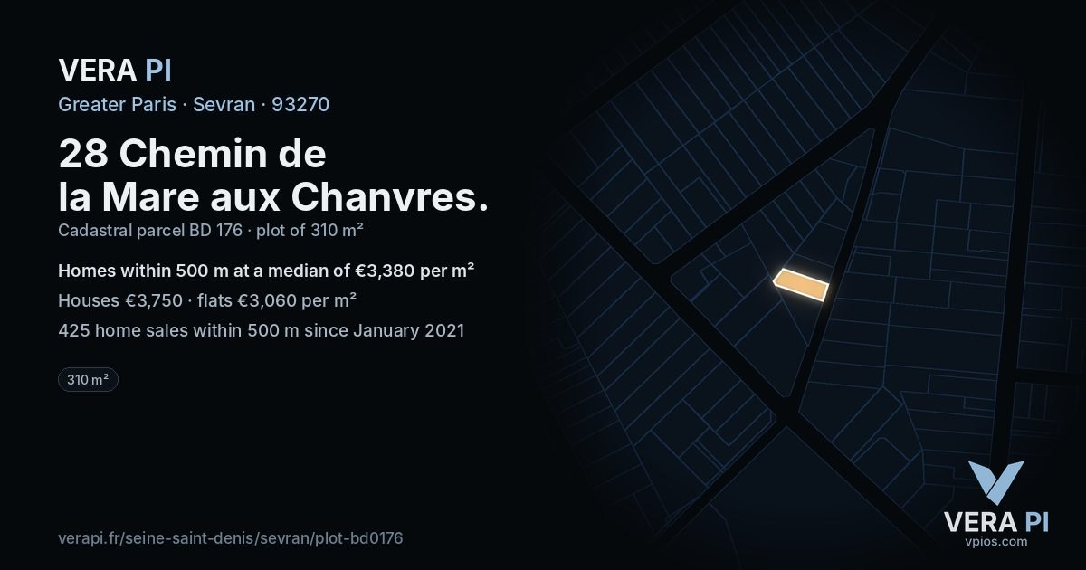 28 Chemin de la Mare aux Chanvres, Sevran at night – the plot lit, the parcels around coloured by the prices near them