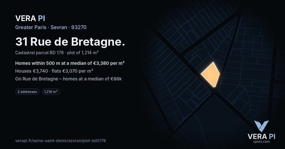 31 Rue de Bretagne, Sevran at night – the plot lit, the parcels around coloured by the prices near them