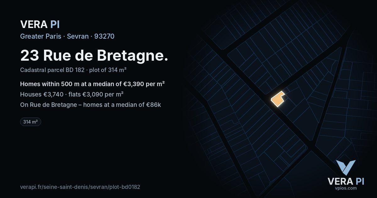 23 Rue de Bretagne, Sevran at night – the plot lit, the parcels around coloured by the prices near them