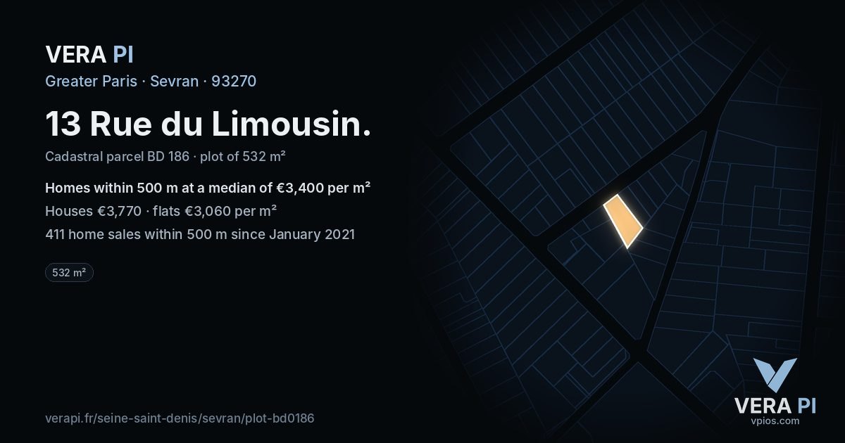 13 Rue du Limousin, Sevran at night – the plot lit, the parcels around coloured by the prices near them