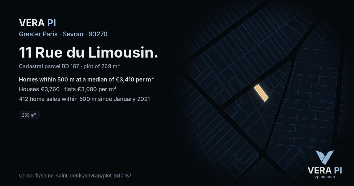 11 Rue du Limousin, Sevran at night – the plot lit, the parcels around coloured by the prices near them