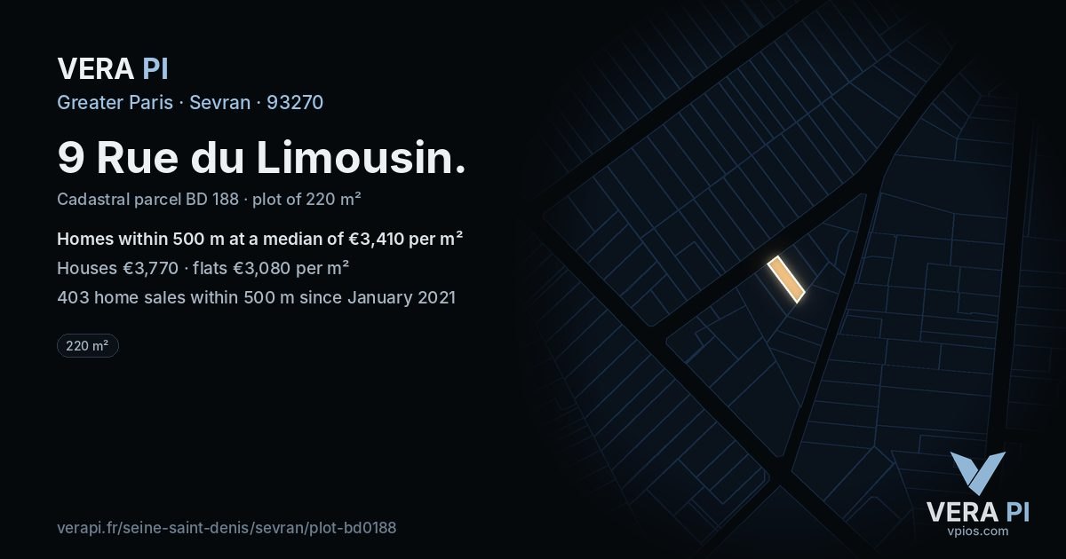 9 Rue du Limousin, Sevran at night – the plot lit, the parcels around coloured by the prices near them