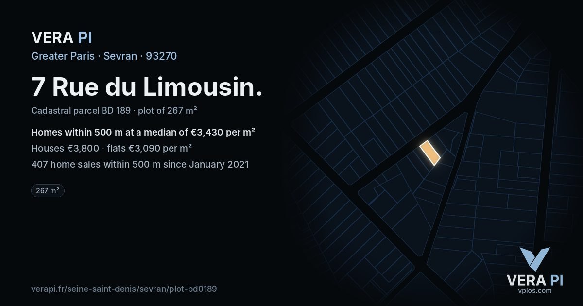 7 Rue du Limousin, Sevran at night – the plot lit, the parcels around coloured by the prices near them