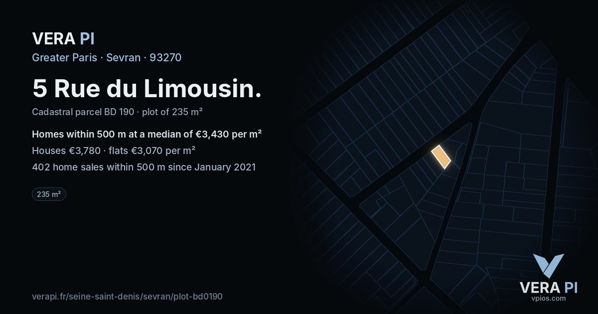 5 Rue du Limousin, Sevran at night – the plot lit, the parcels around coloured by the prices near them