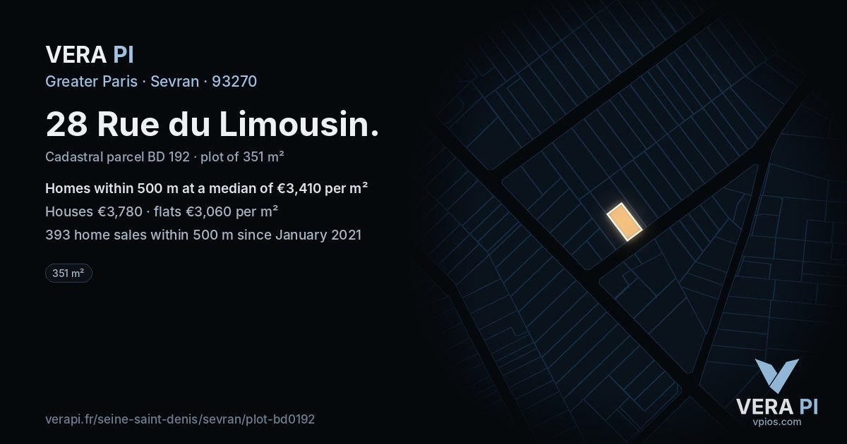 28 Rue du Limousin, Sevran at night – the plot lit, the parcels around coloured by the prices near them