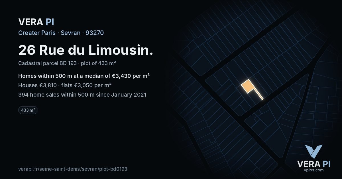 26 Rue du Limousin, Sevran at night – the plot lit, the parcels around coloured by the prices near them