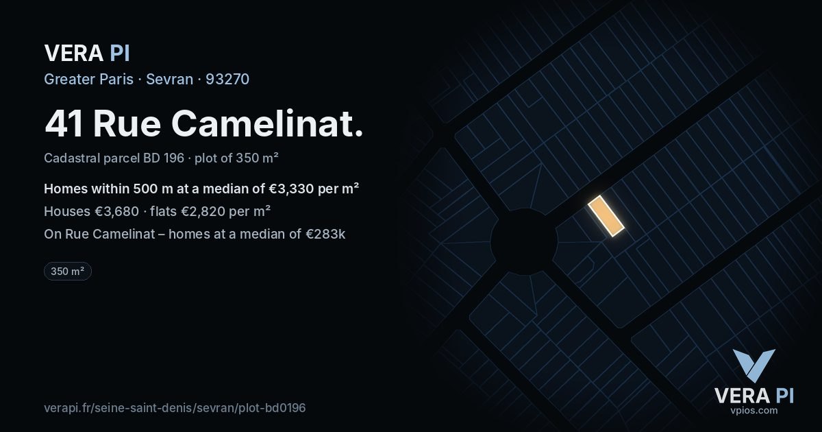 41 Rue Camelinat, Sevran at night – the plot lit, the parcels around coloured by the prices near them