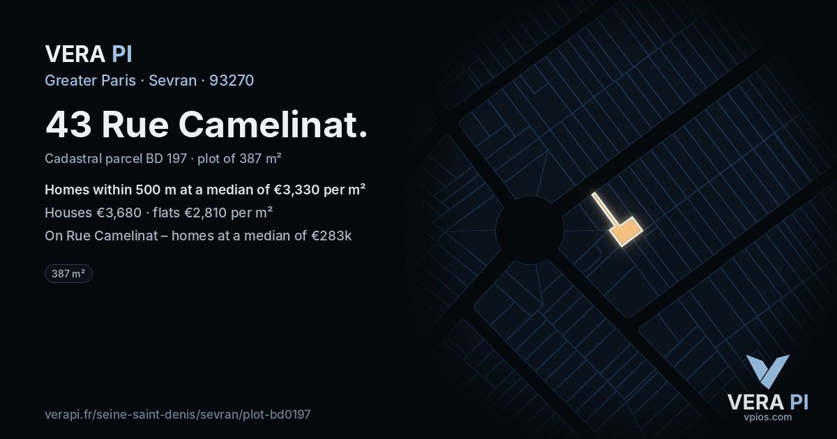 43 Rue Camelinat, Sevran at night – the plot lit, the parcels around coloured by the prices near them