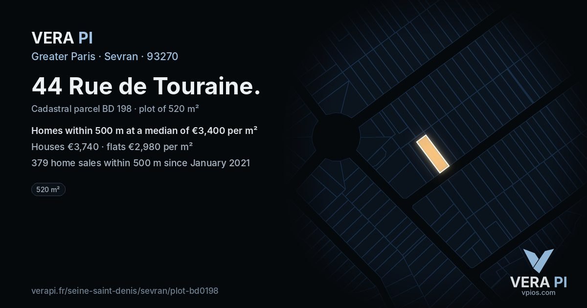 44 Rue de Touraine, Sevran at night – the plot lit, the parcels around coloured by the prices near them