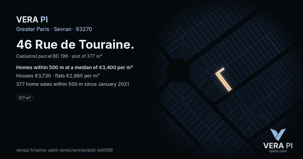 46 Rue de Touraine, Sevran at night – the plot lit, the parcels around coloured by the prices near them