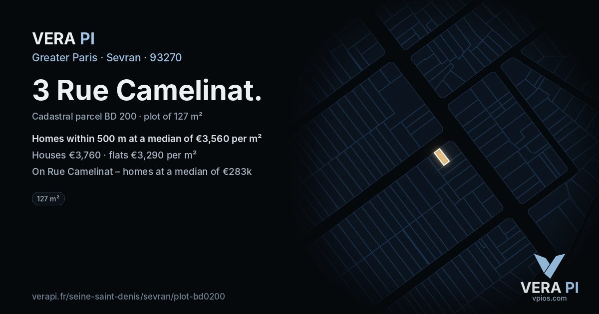 3 Rue Camelinat, Sevran at night – the plot lit, the parcels around coloured by the prices near them